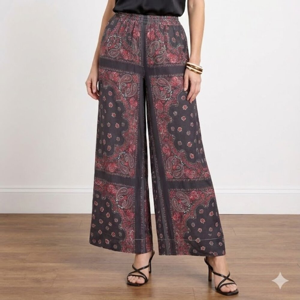 Alexander Wang Silk Wide Leg Paisley Pants Red Black Bandana Print Size 6